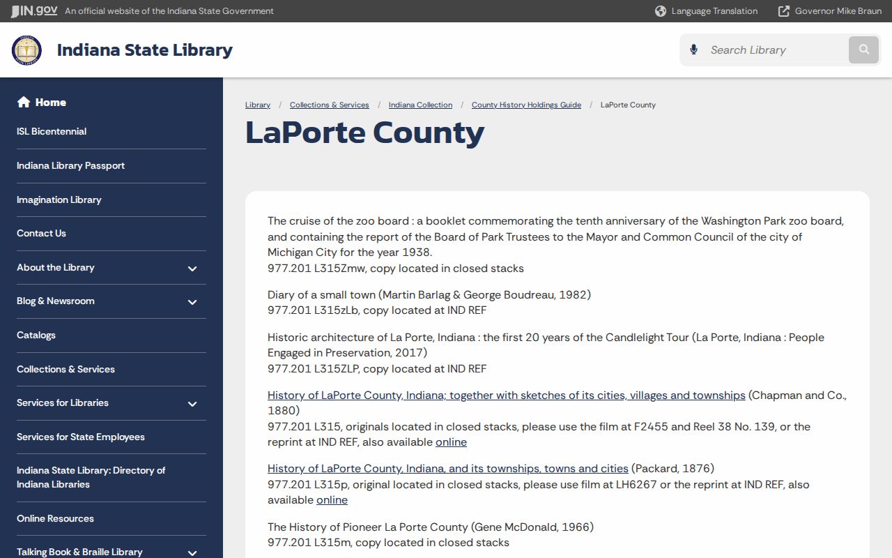 La Porte previous residents State Library history holdings