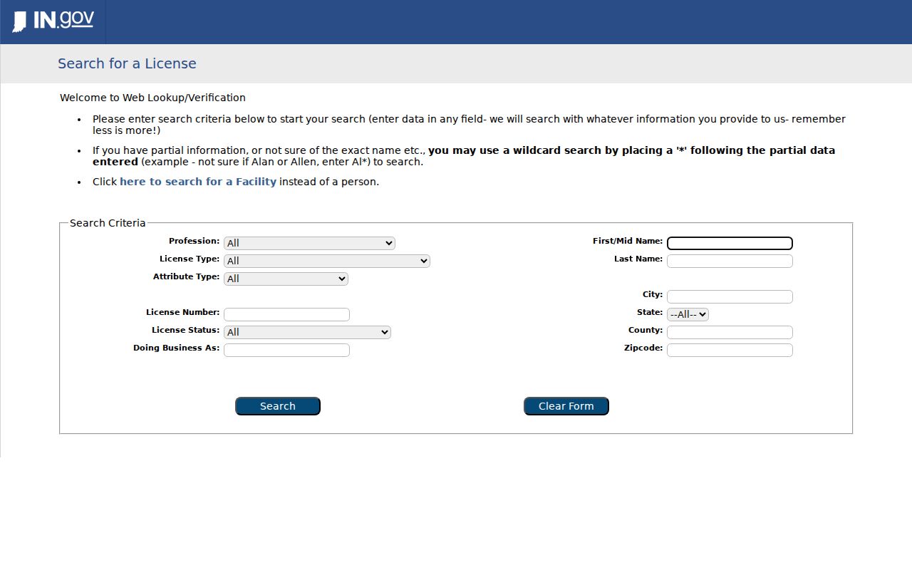 Indiana professional license verification controls for La Porte name research