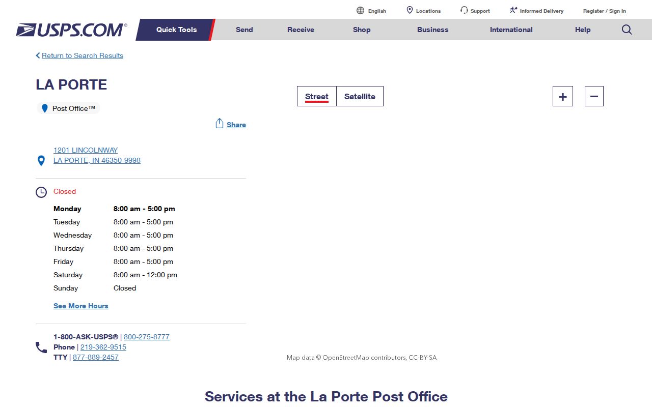 La Porte ZIP code directory image of the official post office listing